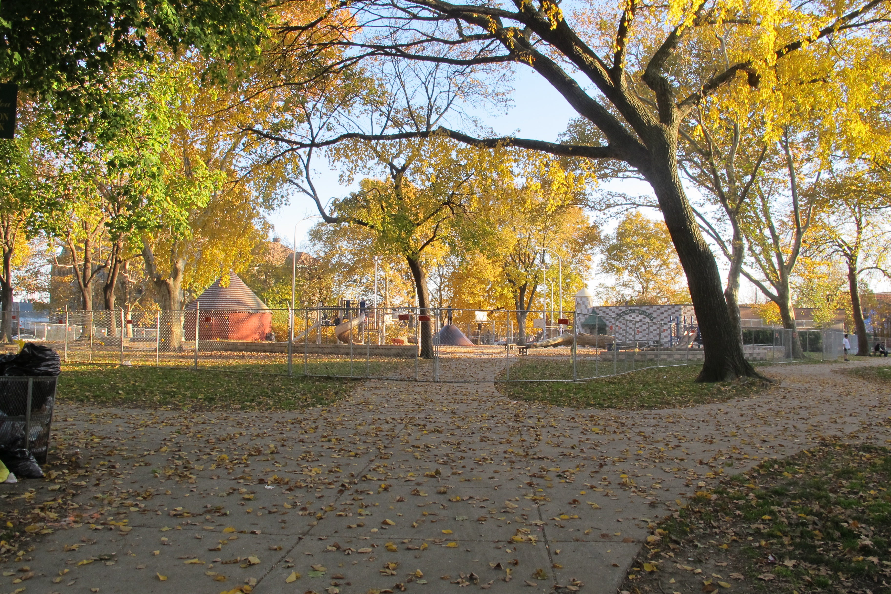 Part of Dickinson Square Park was enclosed by construction fencing in November as construction began.