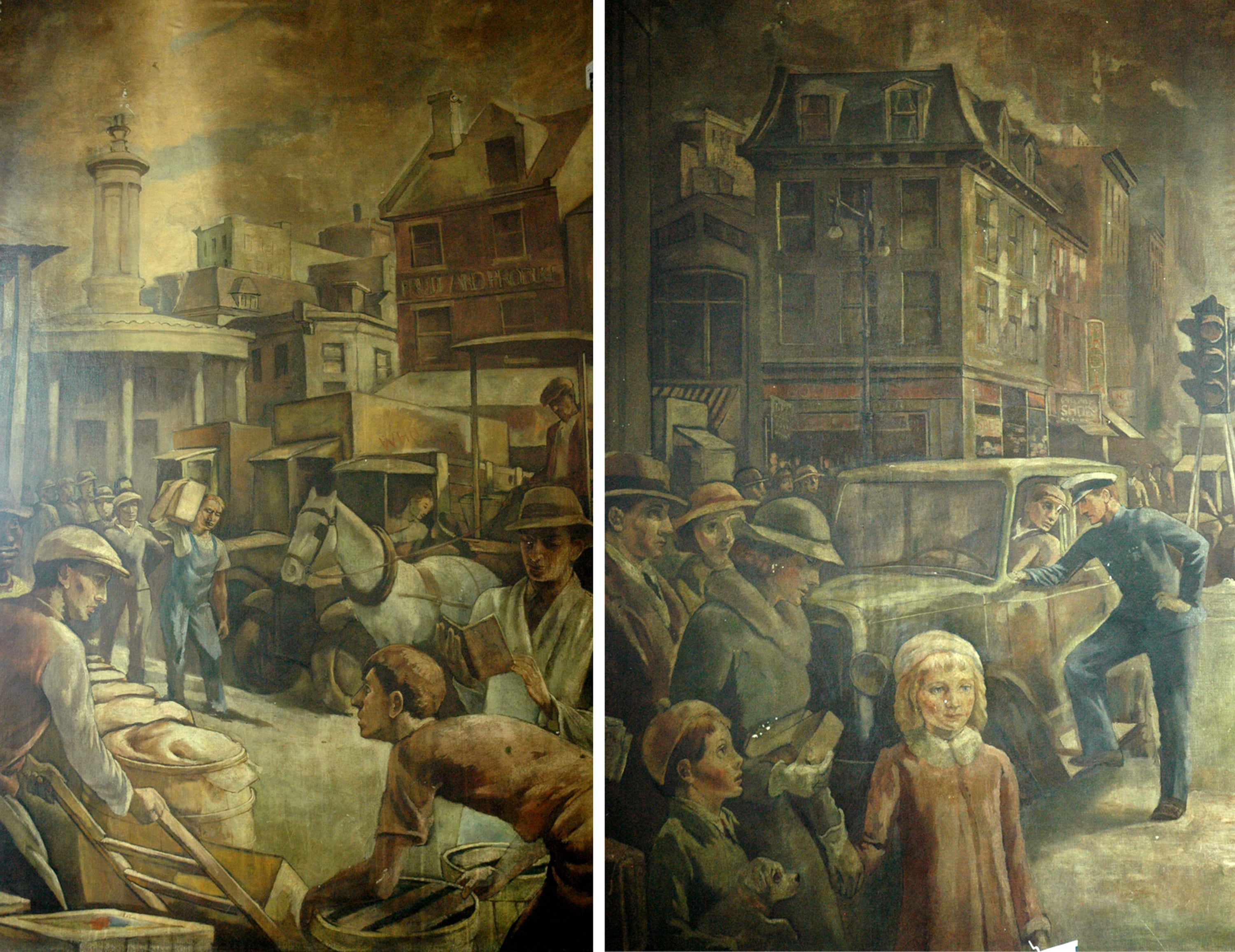 Details of Walter Gardner's The Streets of Philadelphia mural in the Spring Garden Post Office | Preservation Alliance for Greater Philadelphia