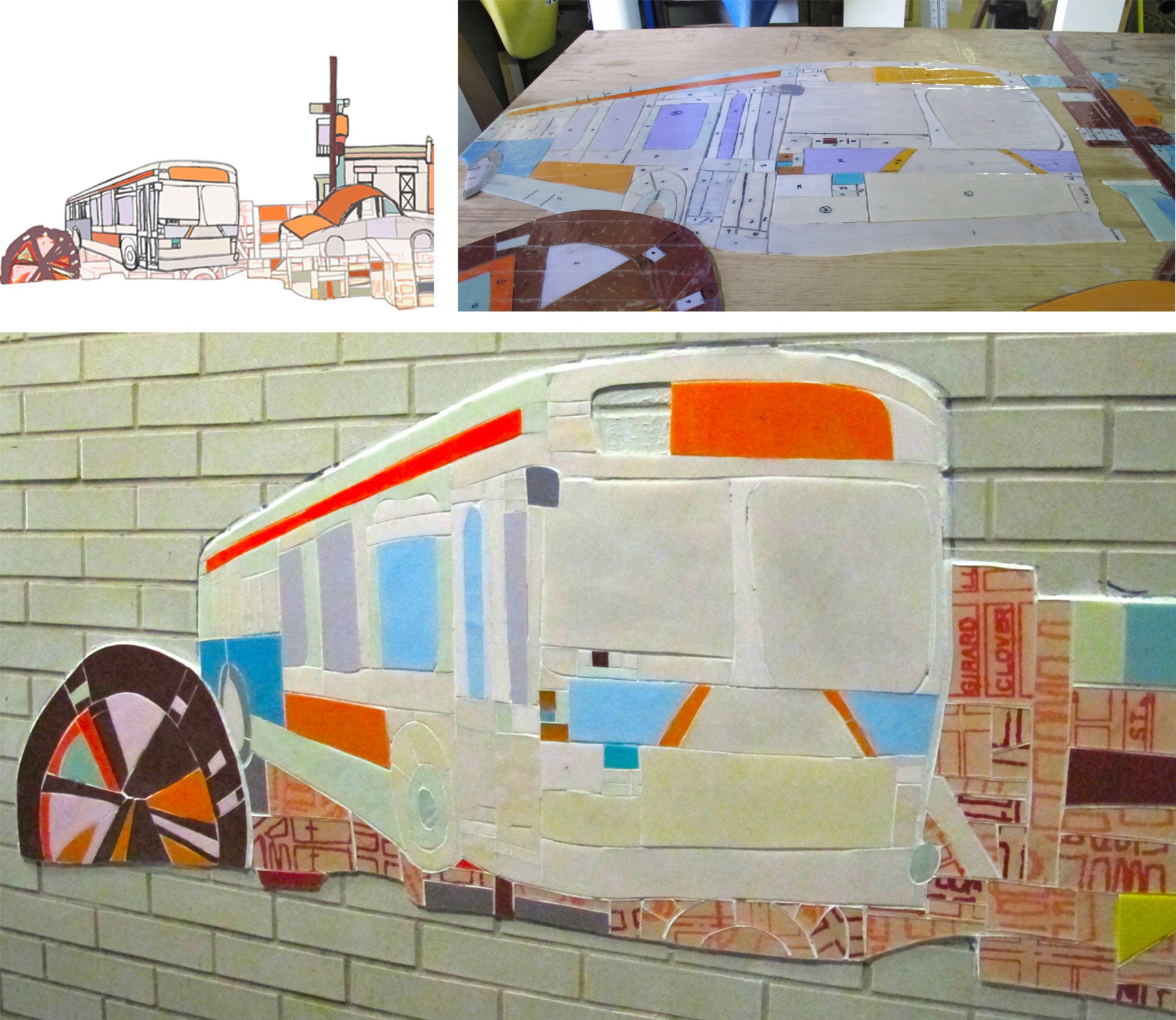 Septa bus, driving into the mosaic - (counterclockwise) from design, pieces, installation.
