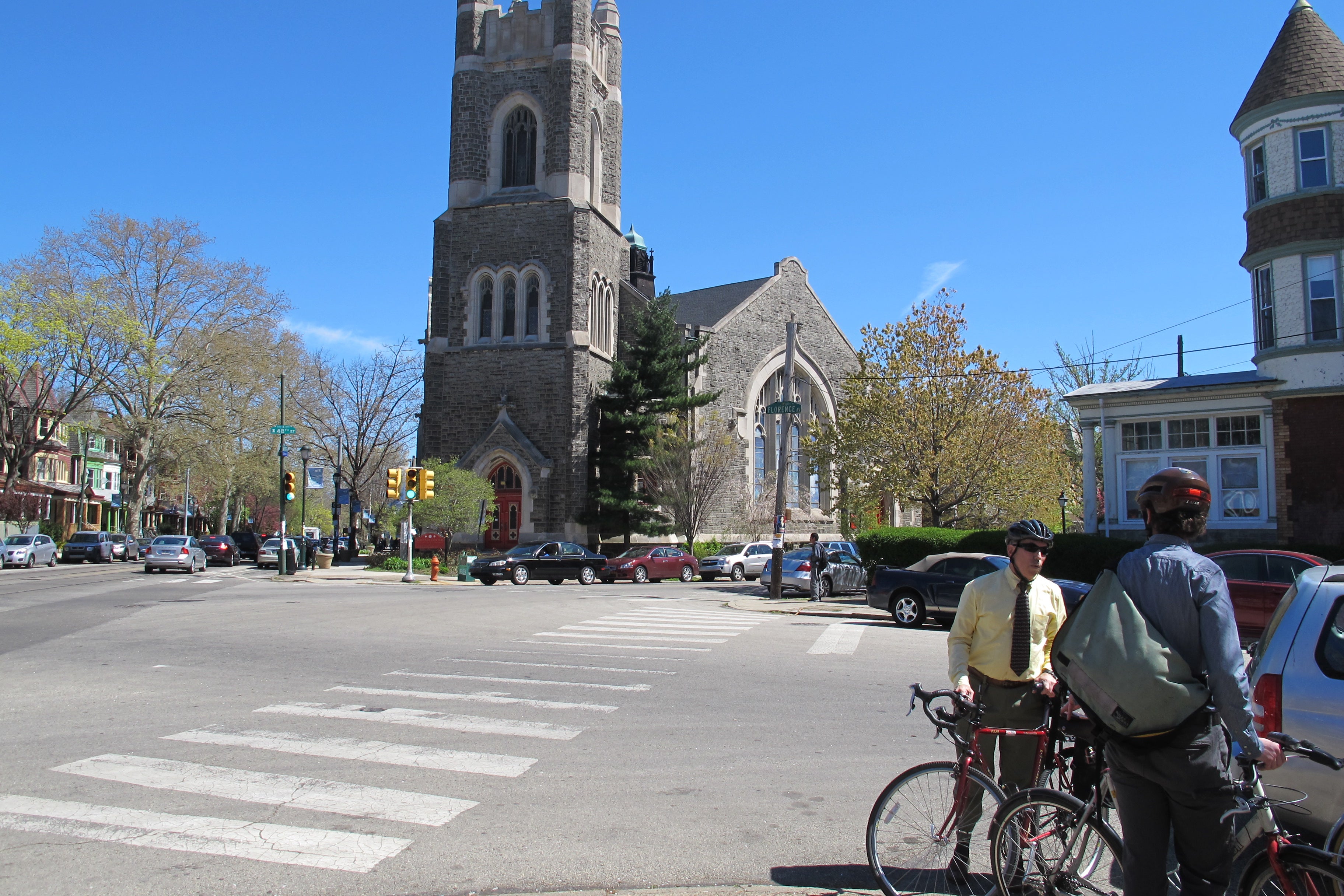 Looking east across Florence and 48th; Charles (left) and Aaron discuss.