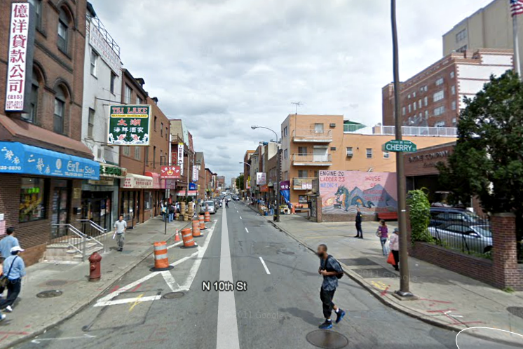 The no-parking zone to the left (on 10th just north of Cherry Street) will host a parklet this summer. (Image via Google Street View)