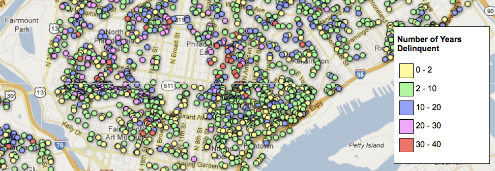 Section of tax delinquent property map, coded by length of time in arrears.