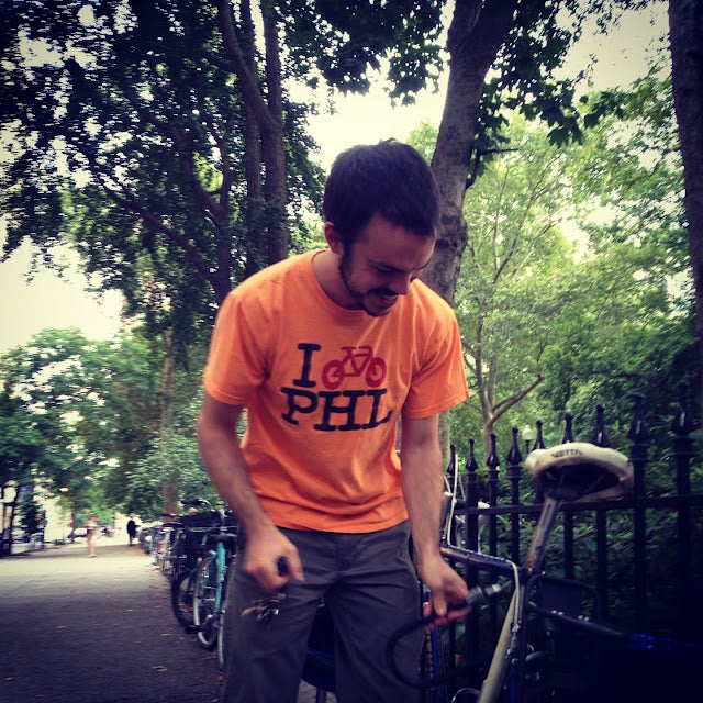 Nicolas Mirra locks up along Rittenhouse Square.