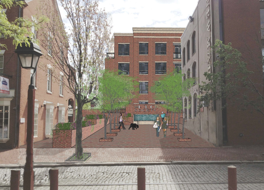 Rendering of the view from 2nd Street through the public plaza and Toll Brothers' proposed development at the NewMarket/Stamper Square site.