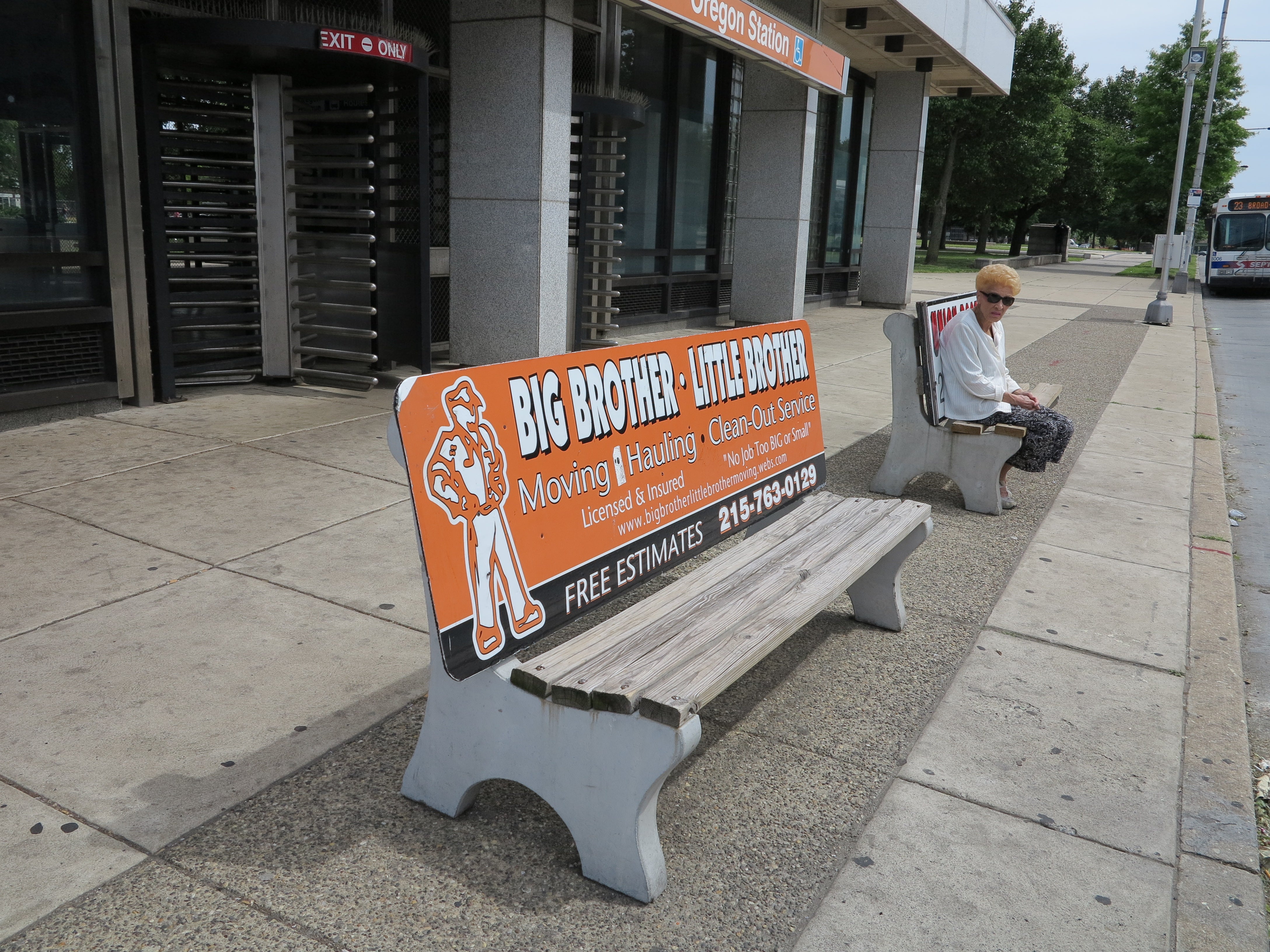 Big Brother Little Brother and Union Roofing benches at Broad and Oregon, May 2013.