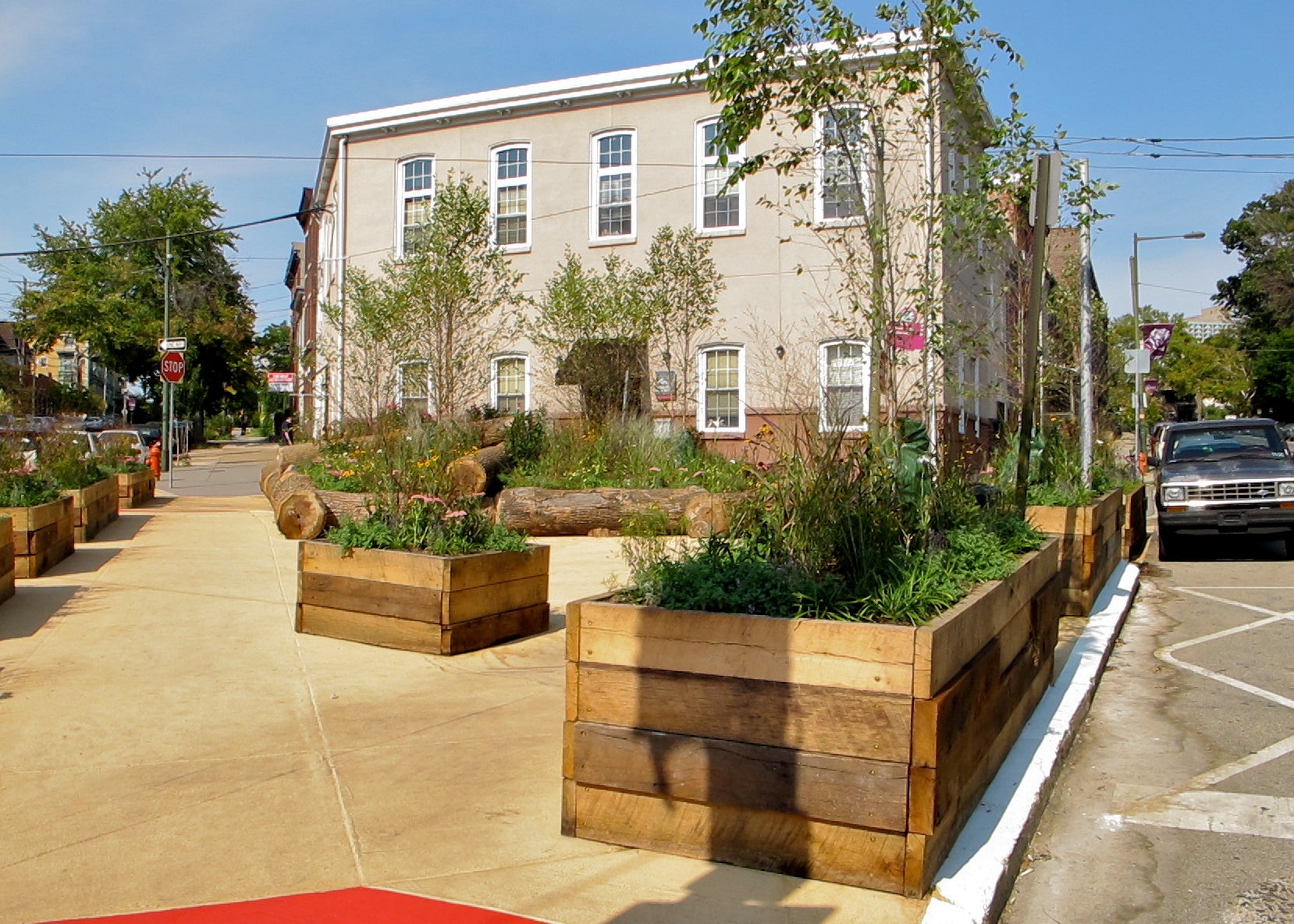 Woodland Green's planters are partly constructed from salvaged wood joists from a house rehab in University City.