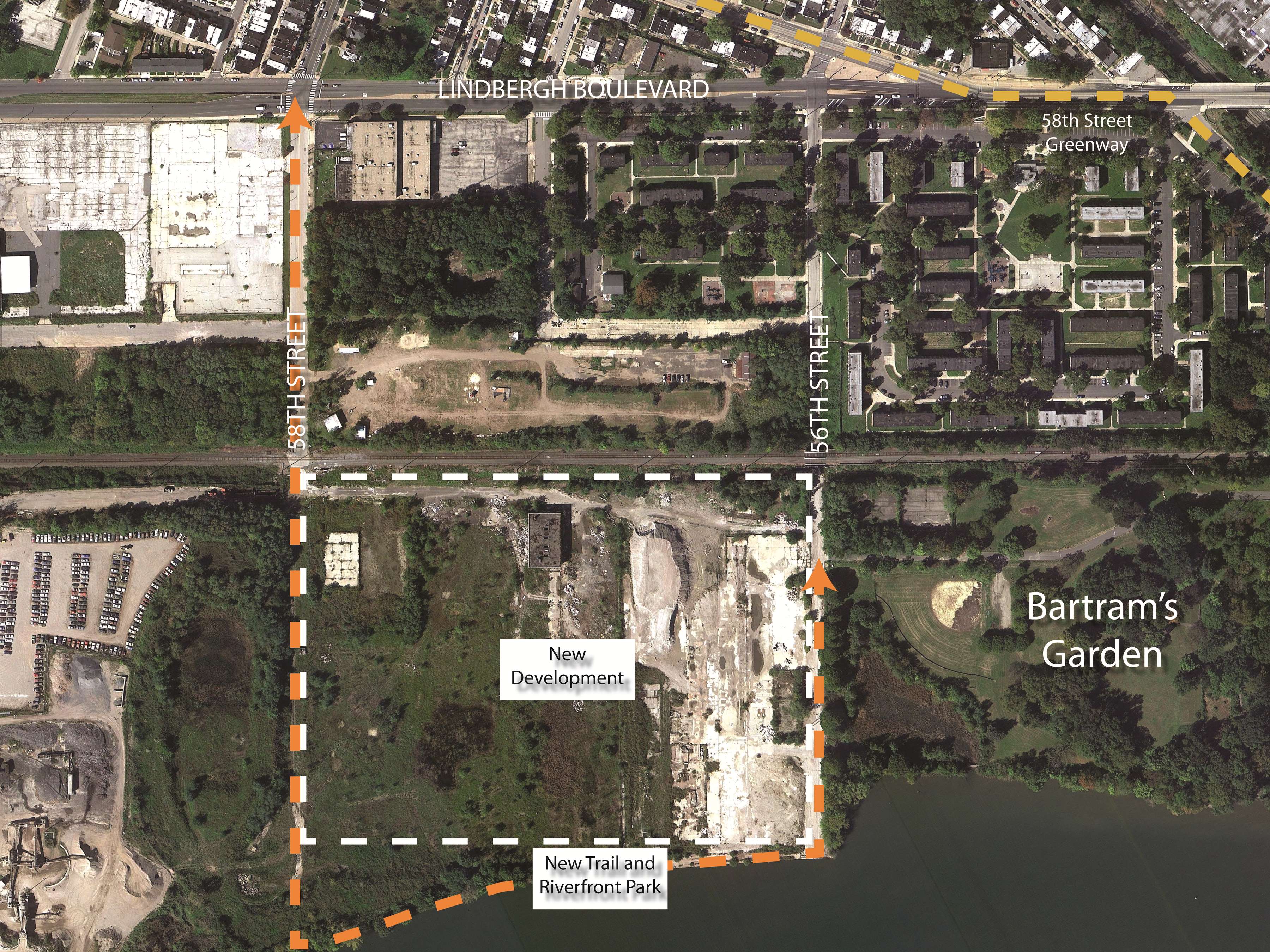 South of Bartram's Garden, the trail will link to the 58th Street Greenway. (click to enlarge) | PennPraxis/Philadelphia Parks and Recreation