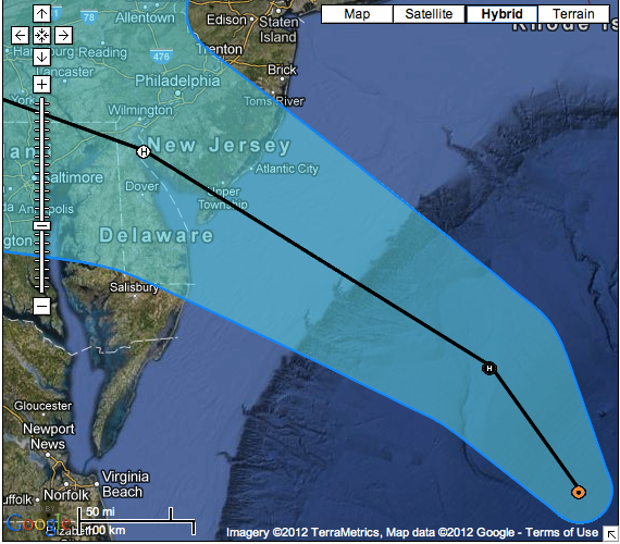 From NOAA: Coastal Watches/Warnings and 5-Day Track Forecast Cone Hurricane SANDY Advisory #028A, 8am on October 29