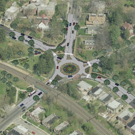 Urban Engineers, Inc. and the Philadelphia City Planning Commission included the street view above to illustrate how the roundabout might fit into the neighborhood.