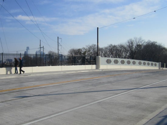 From the newly opened 40th Street Bridge cars and pedestrians can see Philadelphia's skyline