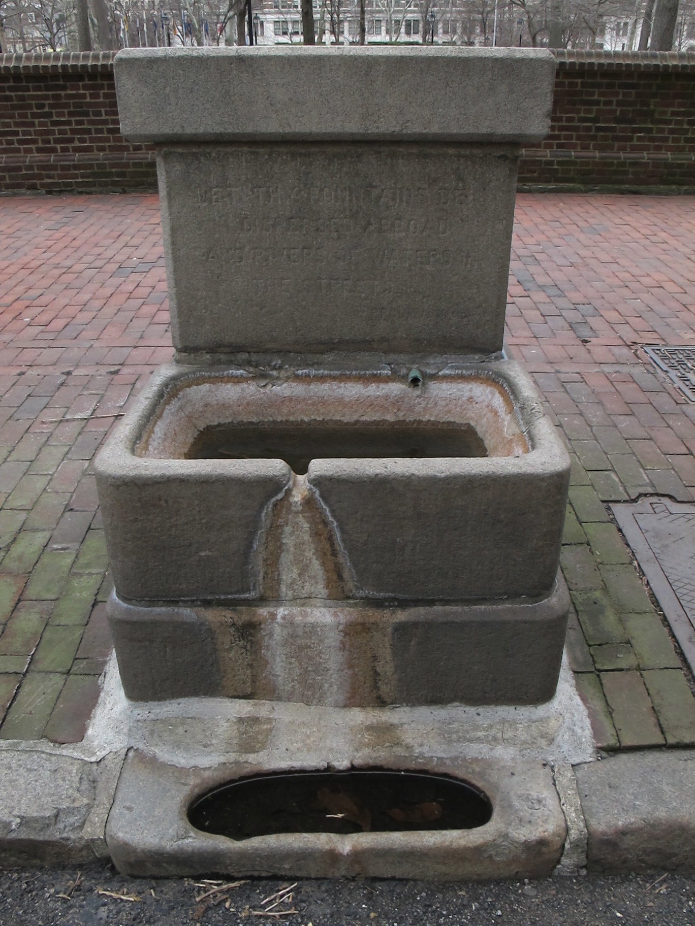 “Let thy fountains be dispersed abroad, and rivers of waters in the streets” reads the inscription on this fountain at Washington Square. (1870)