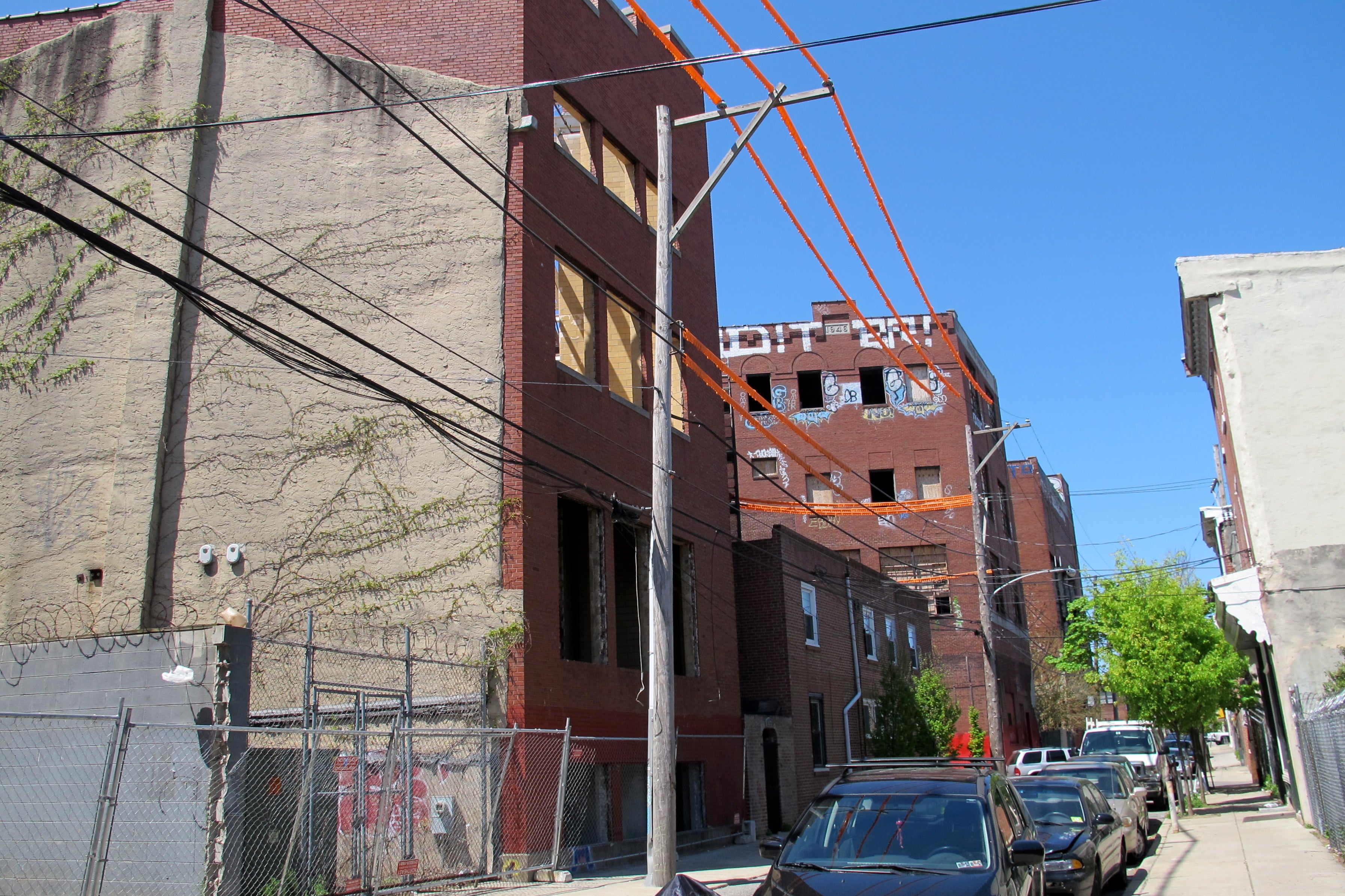 Looking west on Poplar with Ortlieb complex at left.