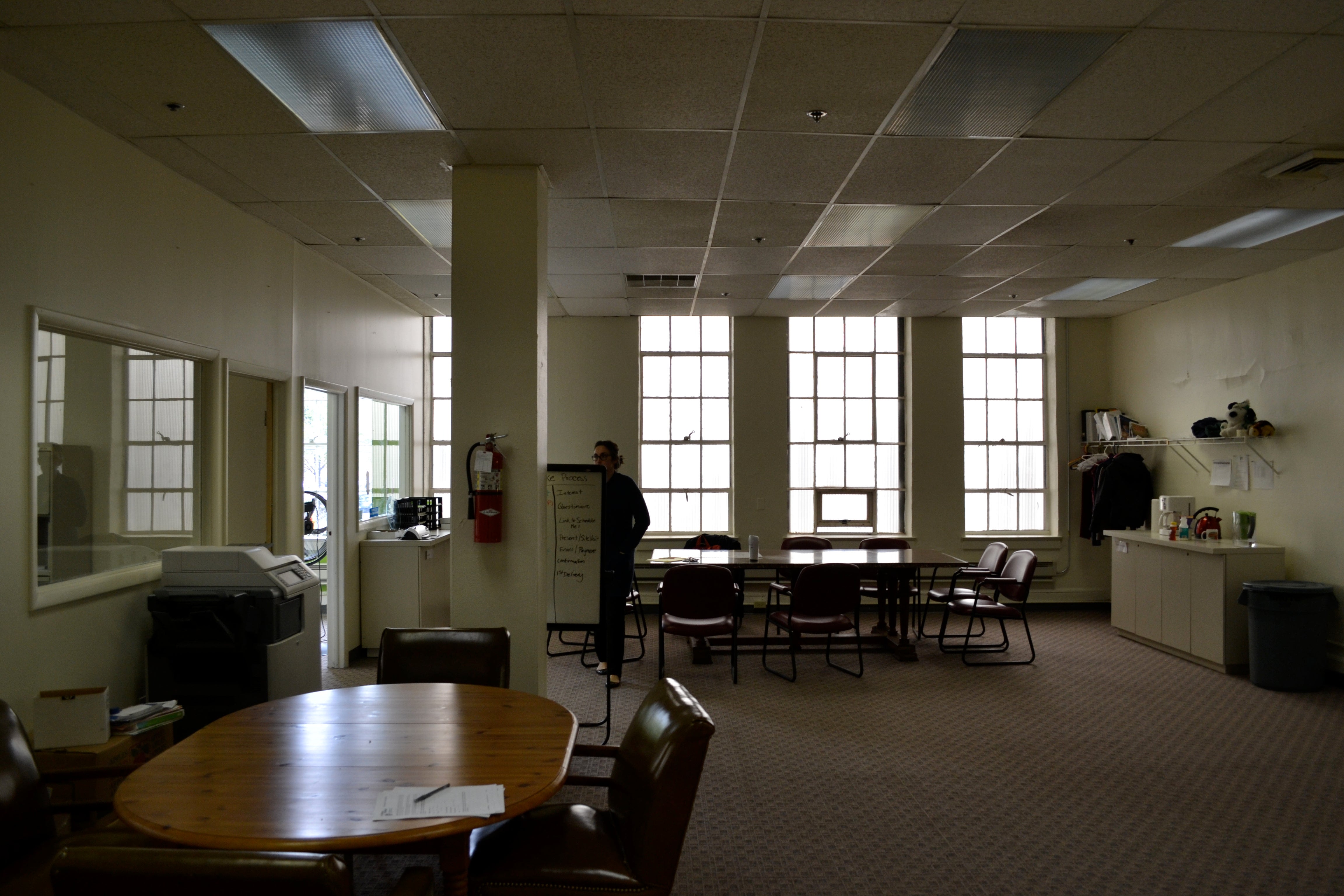 One of the first upgrades Common Market made upstairs was installing new carpet in part of the building's shared meeting space