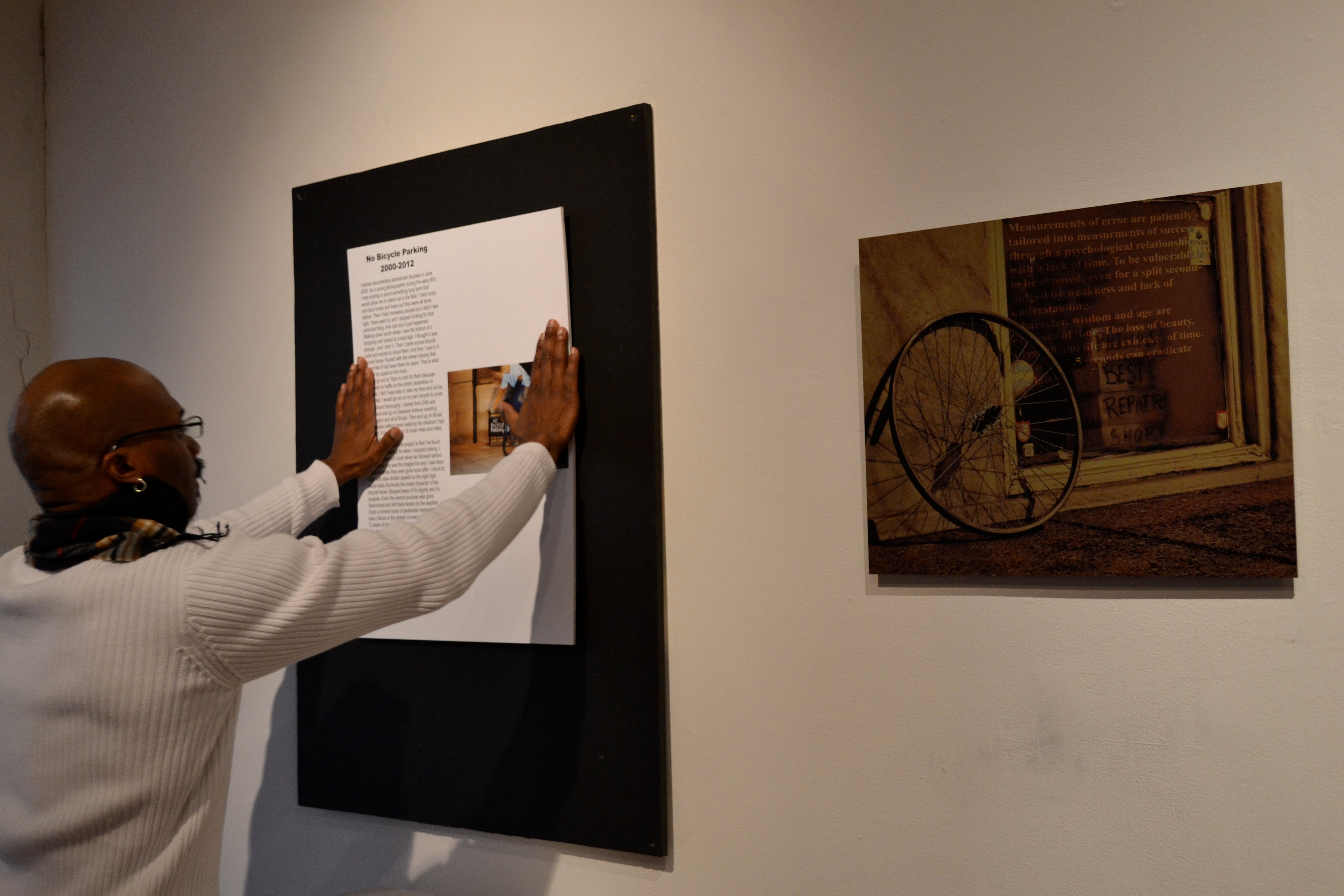 Raphael Xavier preps for the No Bicycle Parking exhibit