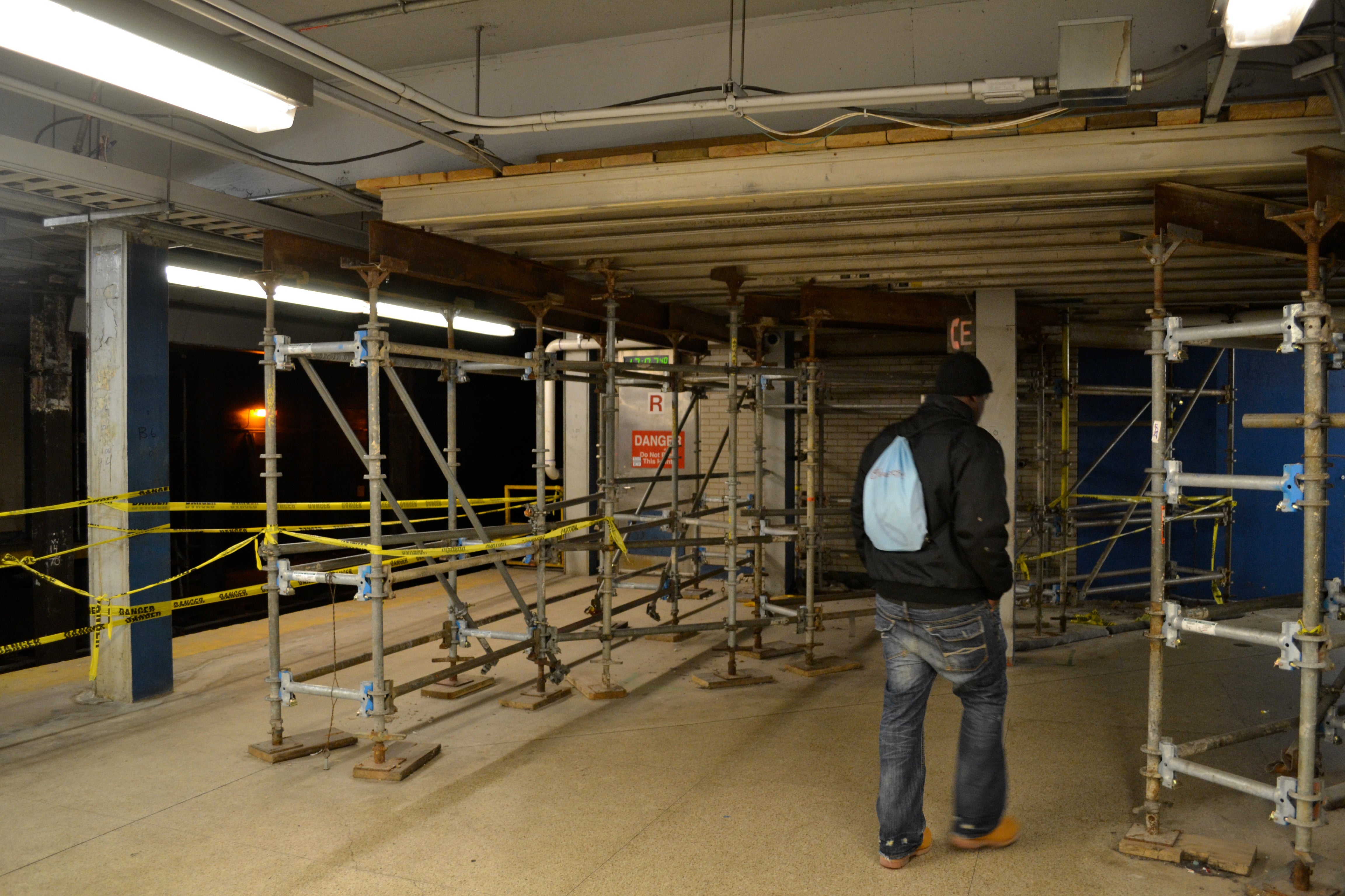 Scaffolding and temporary walls block portions of the MFL platform at 15th Street Station