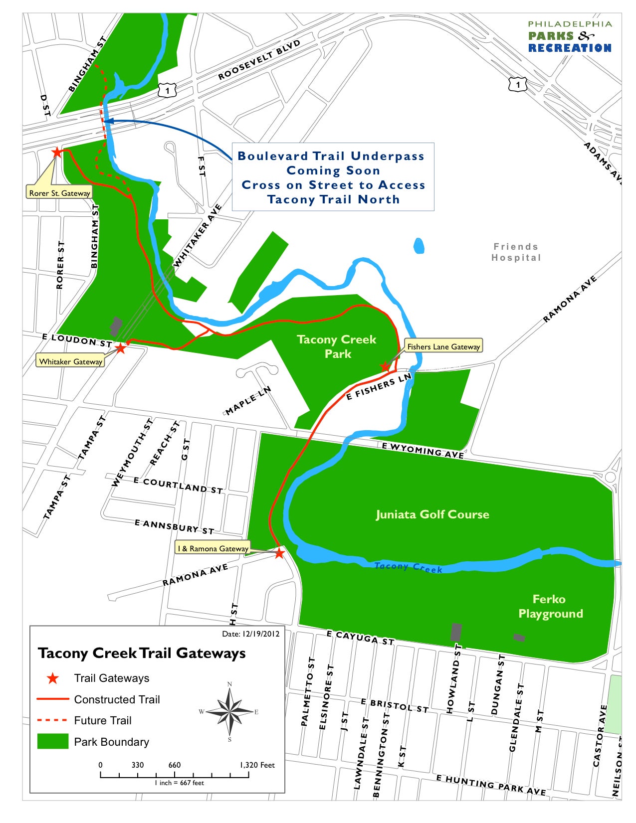 Tacony Creek Trail and the four public gateways, Map courtesy of Philadelphia Parks & Recreation