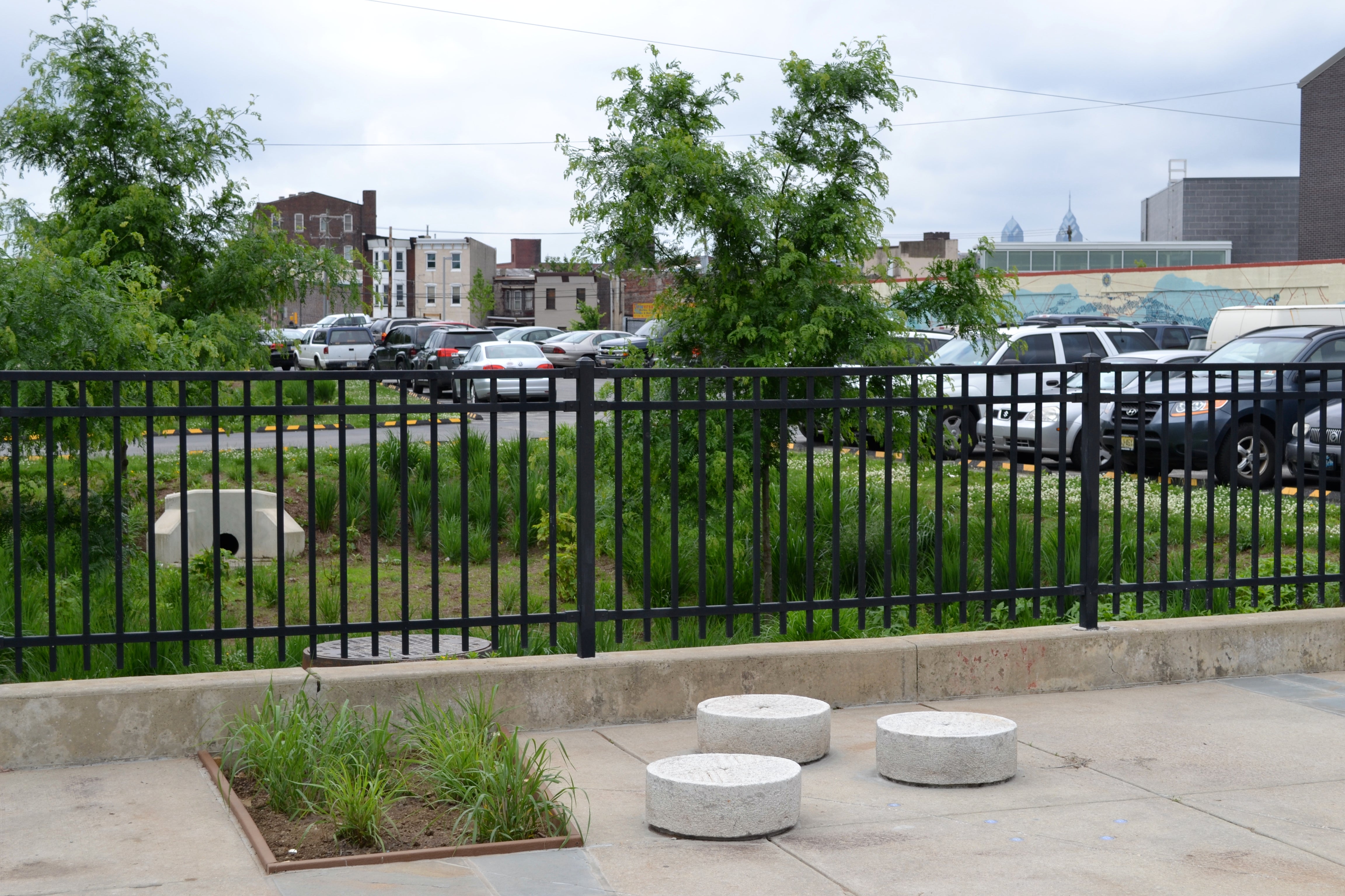 The sprayground backs up to a stormwater management trench installed by the Philadelphia Water Department