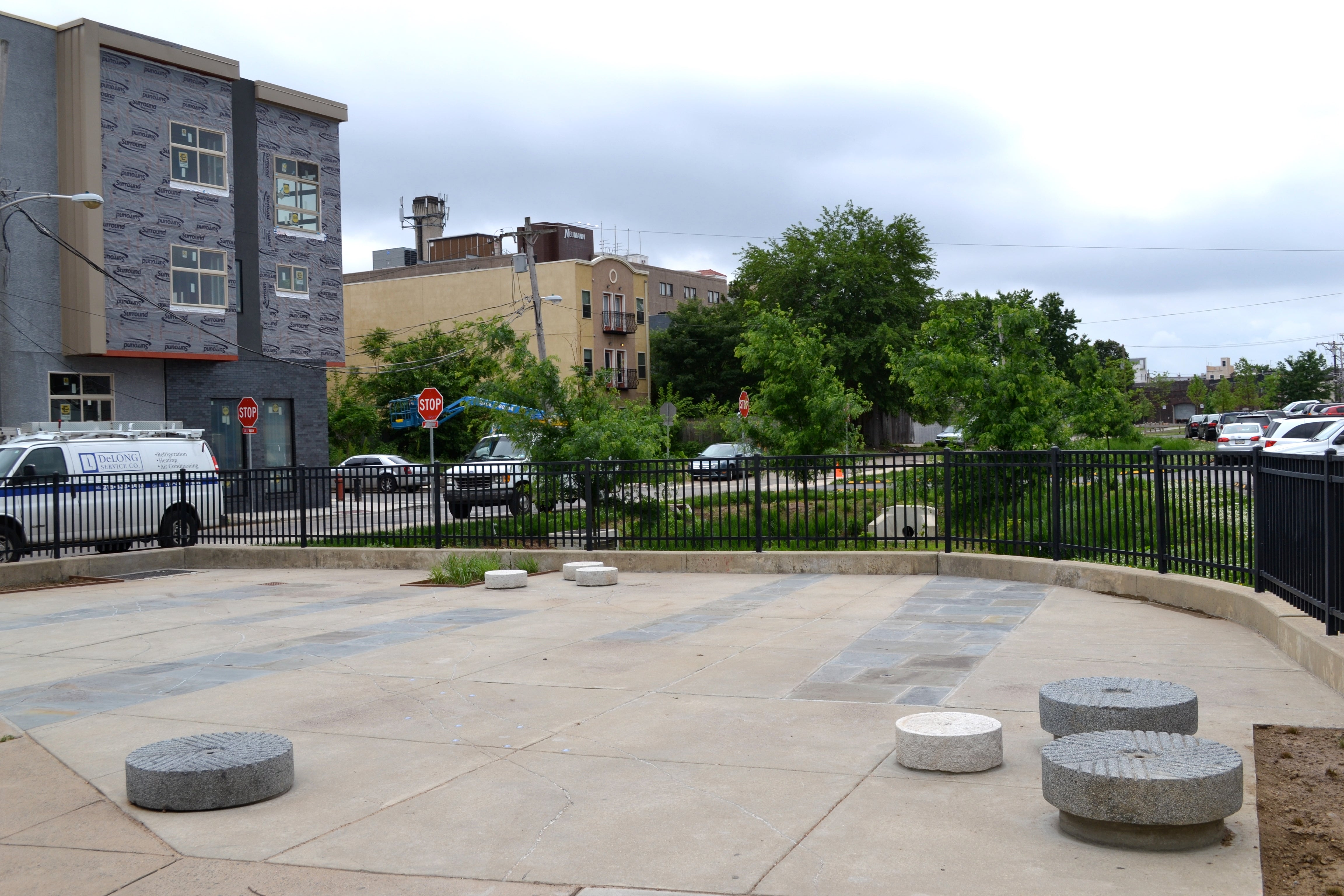 The sprayground backs up to a stormwater management trench installed by the Philadelphia Water Department