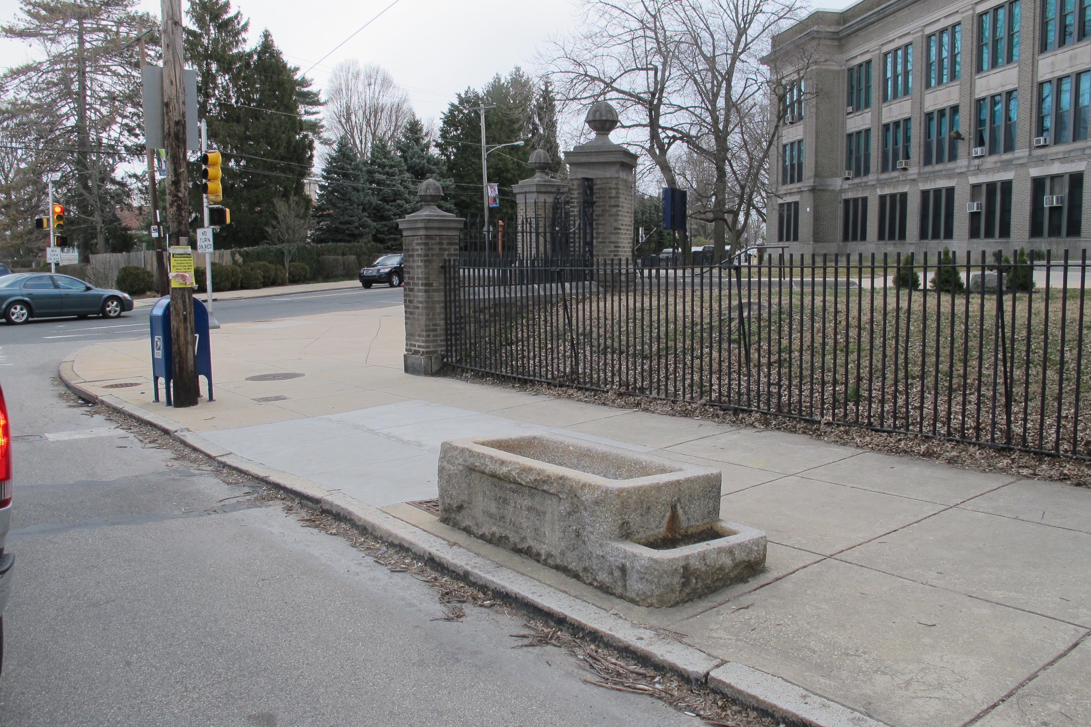 This bi-level trough, one of three extant donated by Annie Lowry, is outside Roxborough High School.