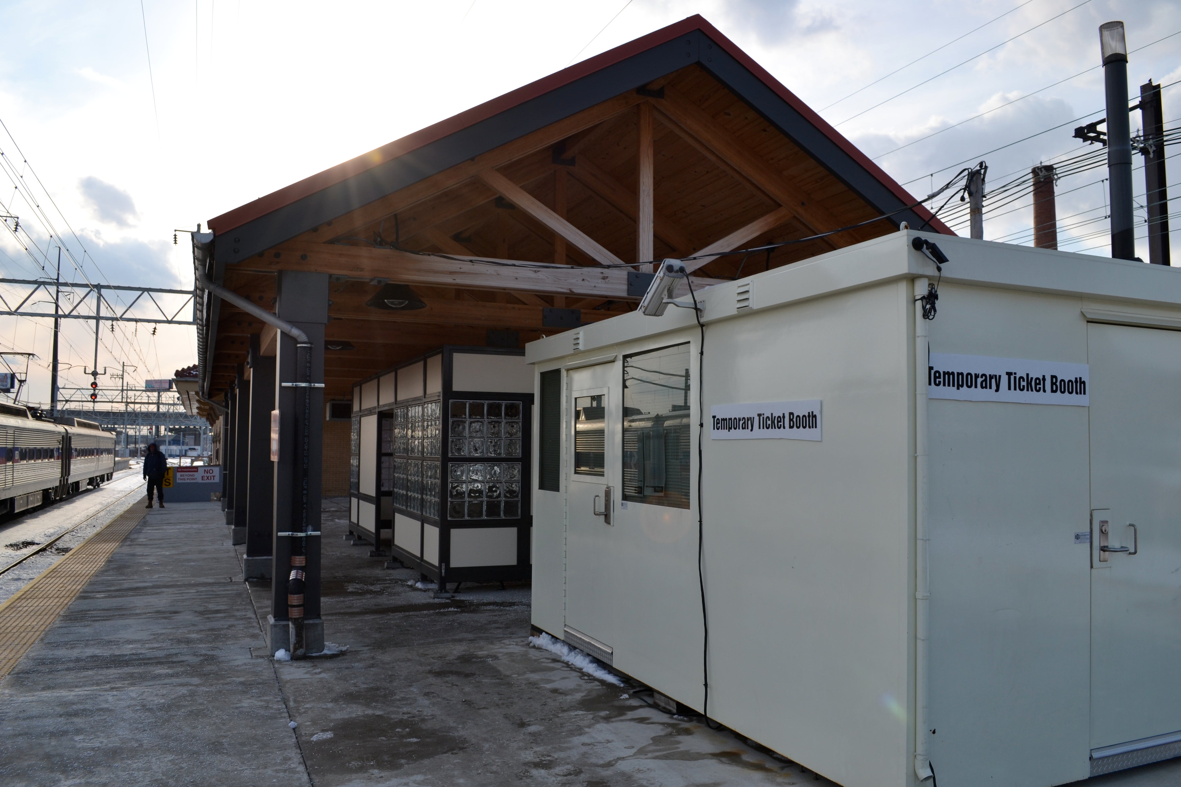 A temporary ticket booth was set up so crews can work on the station building