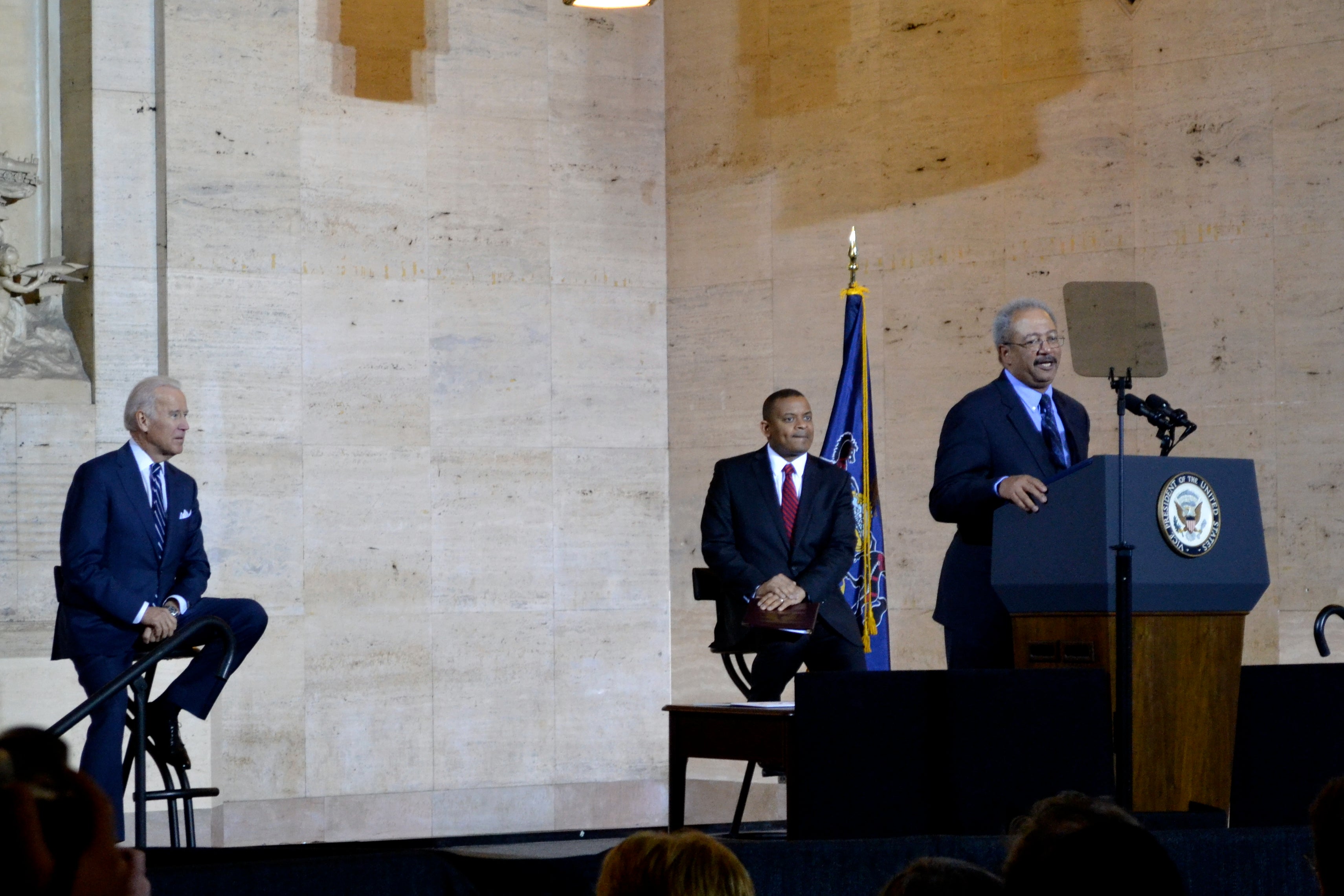 Biden, U.S. Rep. Chaka Fattah and U.S. Transportation Secretary Anthony Fox spoke at 30th Street Station Thursday