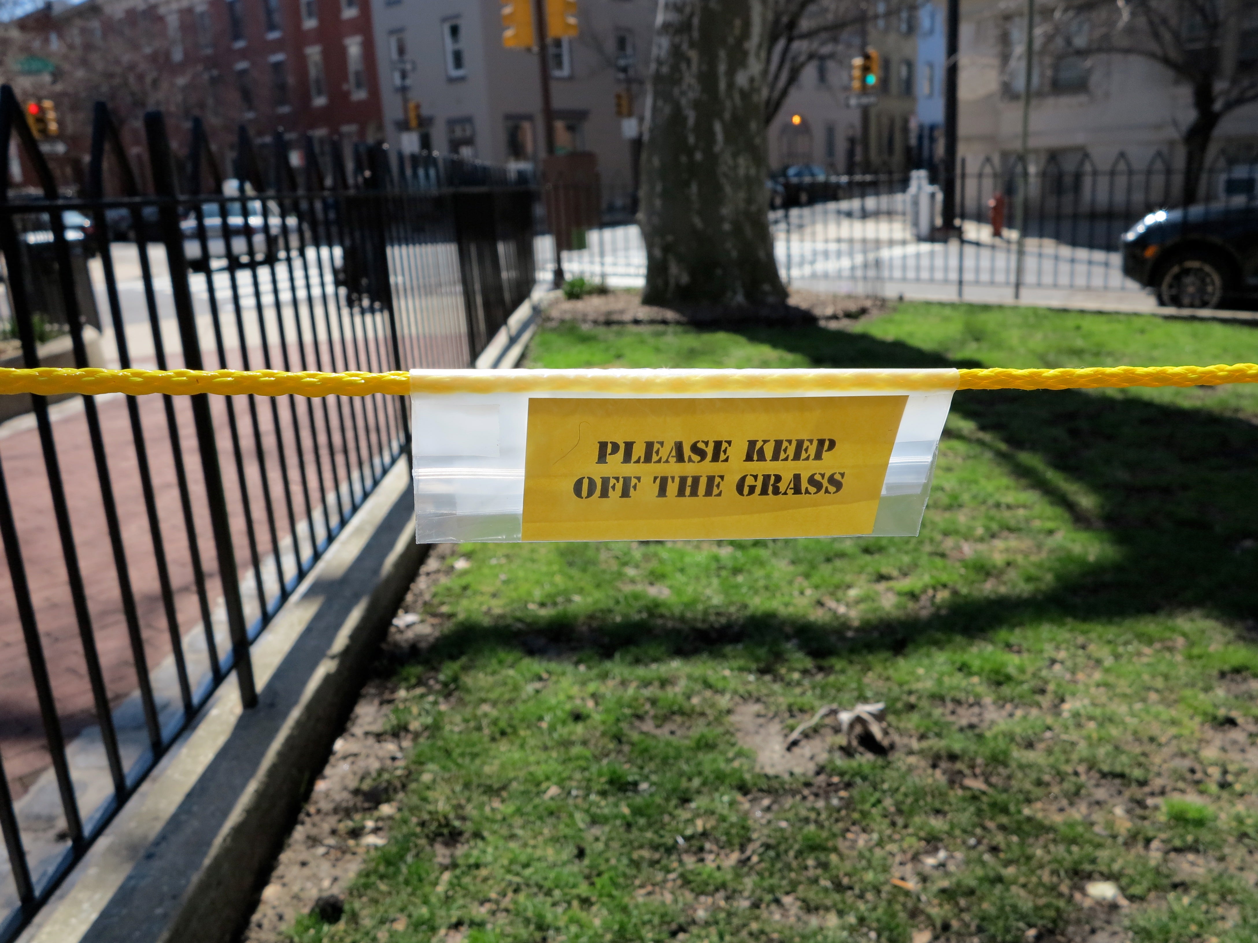 Fitler Square's reseeded grass is a dog free zone, April 2014
