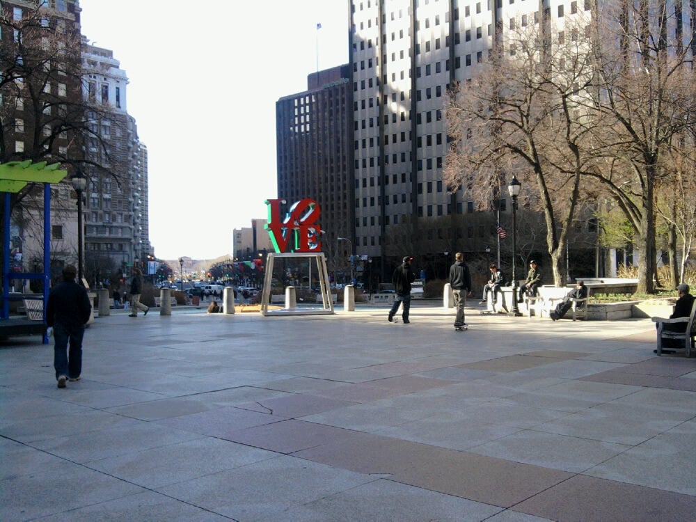 Skateboarders gathered near the Love statue on The Top part of the park