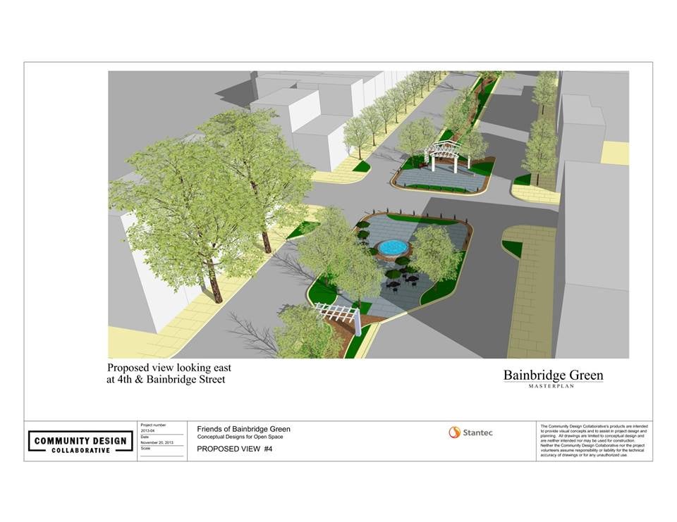 Rendering of Bainbridge Green at 4th Street showing Fountain Plaza and Gateway Plaza | Community Design Collaborative