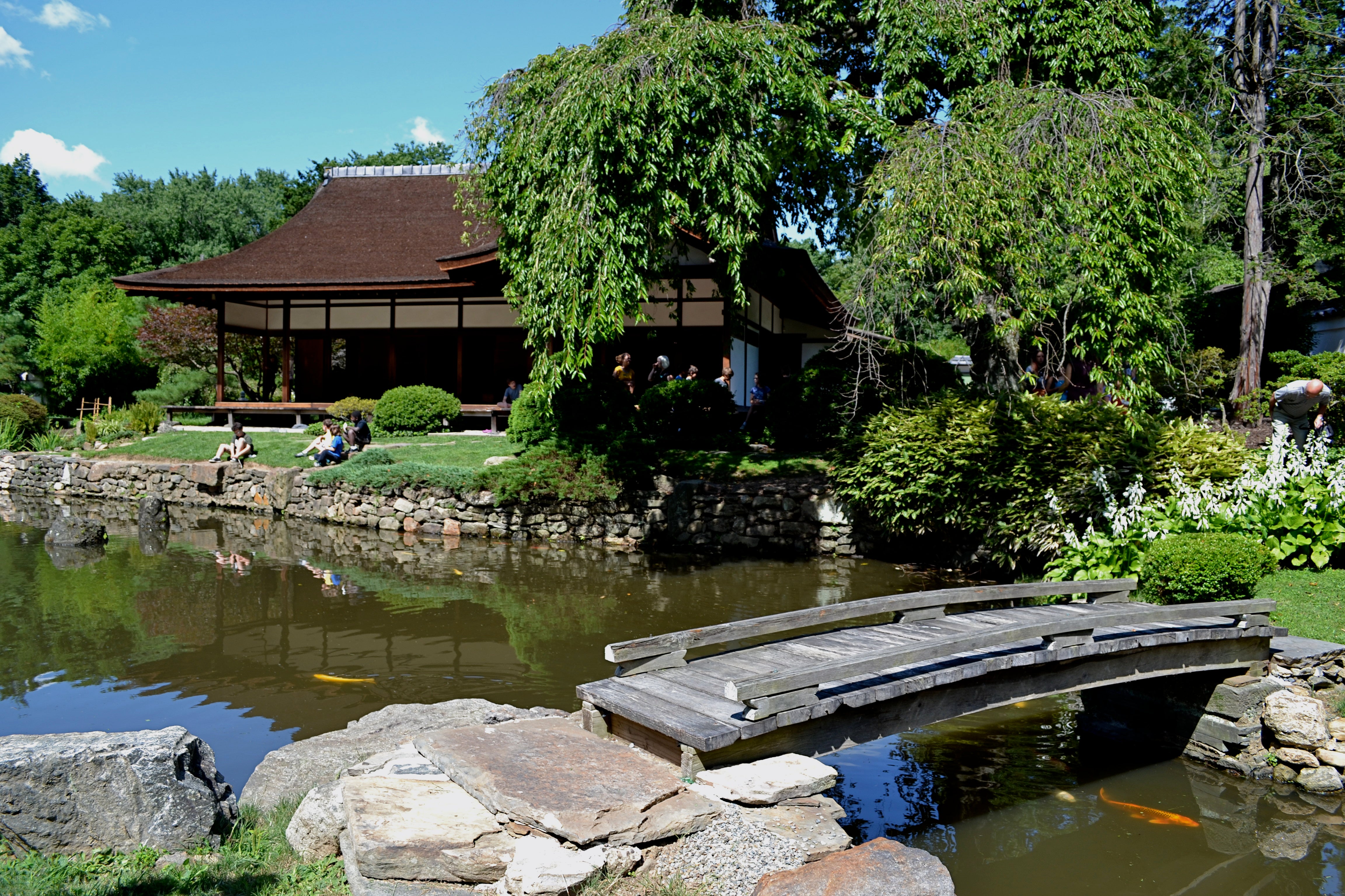 Shofuso house, koi pond and island bridge at the Shofuso Japanese House and Garden