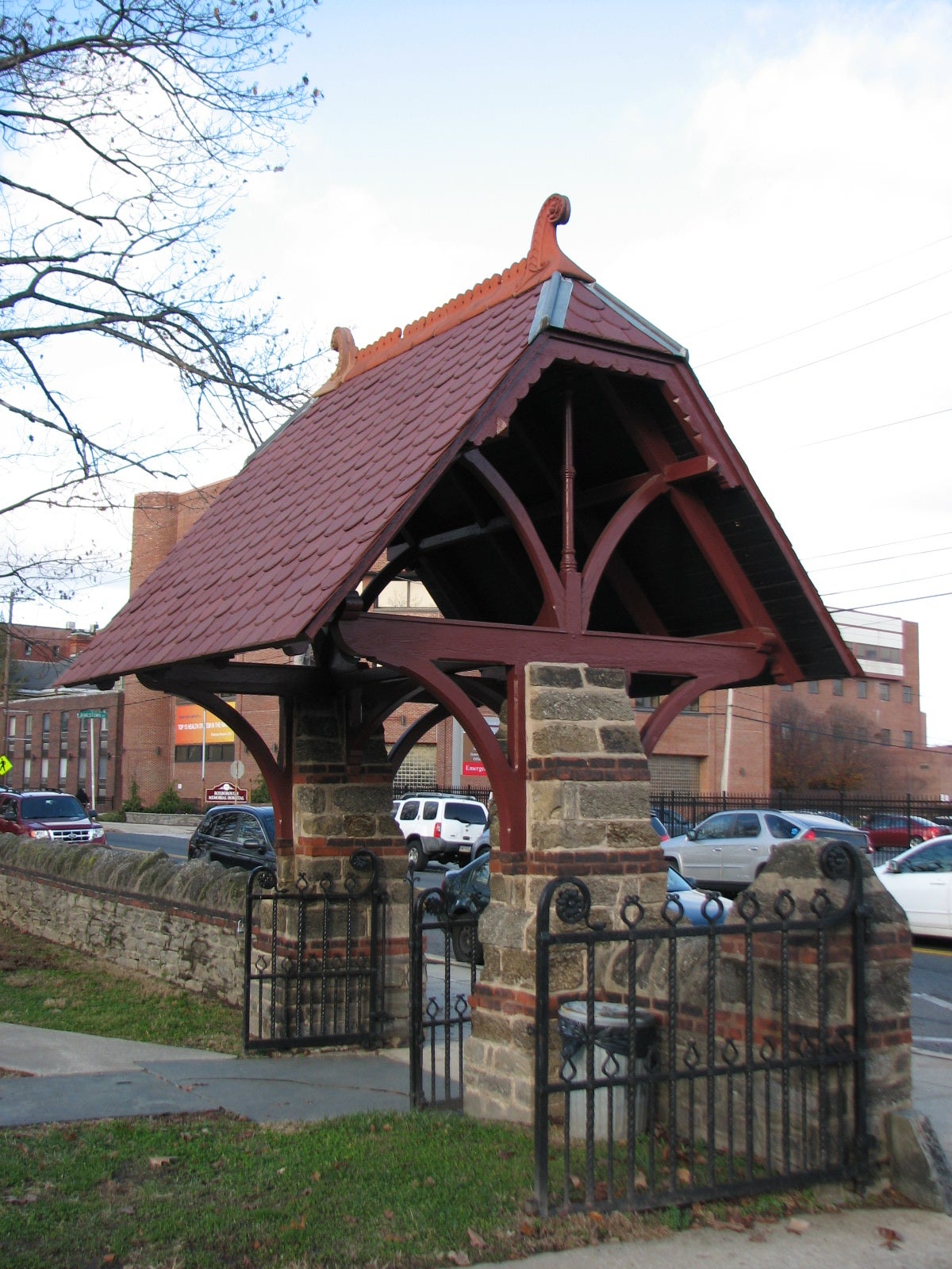 The entrance gate to St. Timothy’s links the 19th-century church grounds to the 21st-century environs.