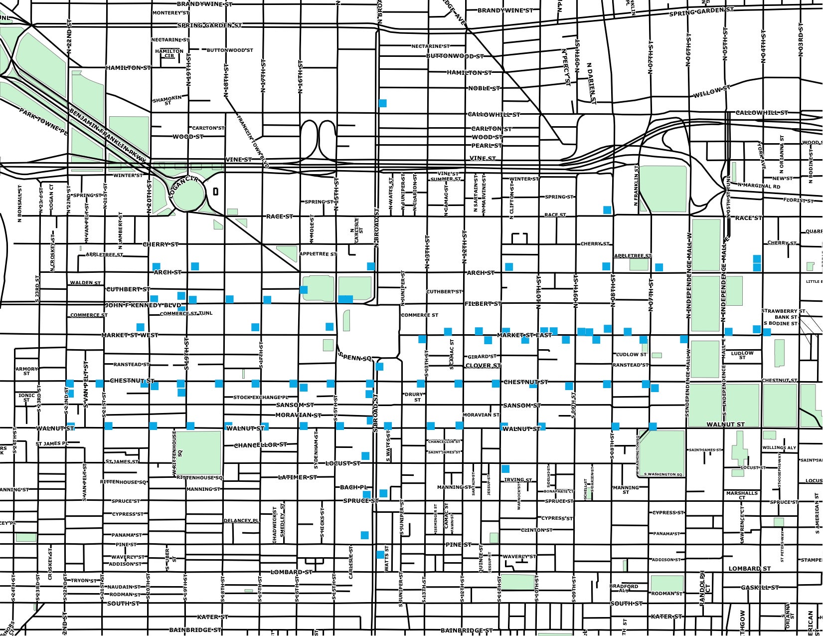 The blue squares show which bus shelters have Center City District route maps