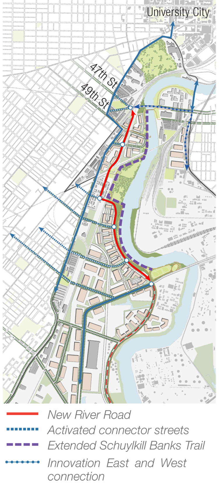 The Lower Schuylkill Master Plan calls for a new river road to improve access and circulation. See the red line above for its possible alignment. | Graphic from Lower Schuylkill Master Plan 