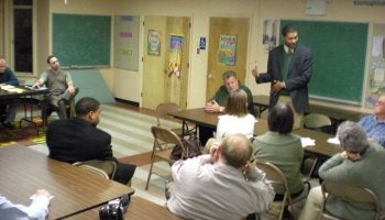 Anthony Bannister, a partner in the company that is purchasing the Frankford Y, addresses the Nov. 17, 2009 Northwood Civic Association meeting.