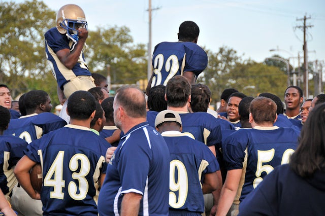 The Eagles celebrate their 41-10 victory over Overbrook.