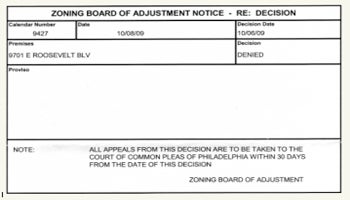 Zoning denial form supplied by Maureen Green, on behalf of Committee for a Better Bustleton.