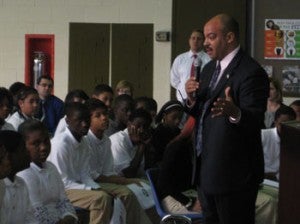 Democratic District Attorney-elect Seth Williams addresses Shallcross Academy students about youth violence.