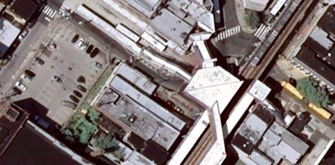 A satellite image of the Margeret-Orthodox station, which sits above Frankford Avenue in Frankford. Image from Google Maps.