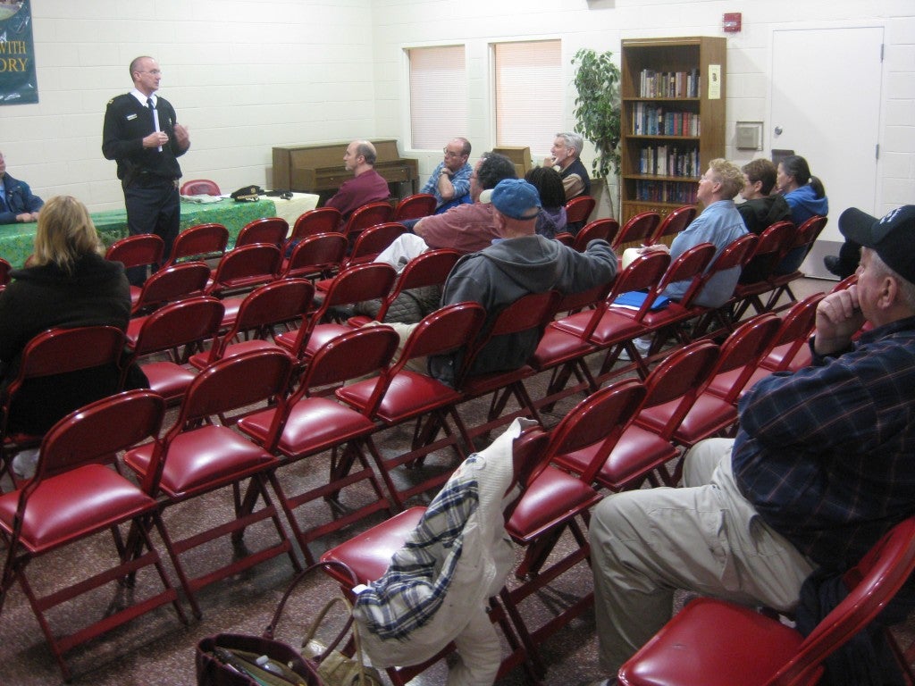 15th District Capt. Frank Bachmayer talks to an unusually small crowd at the March Holmesburg Civic Association meeting. 15th District Capt. Frank Bachmayer talks to an unusually small crowd at the March Holmesburg Civic Association meeting.