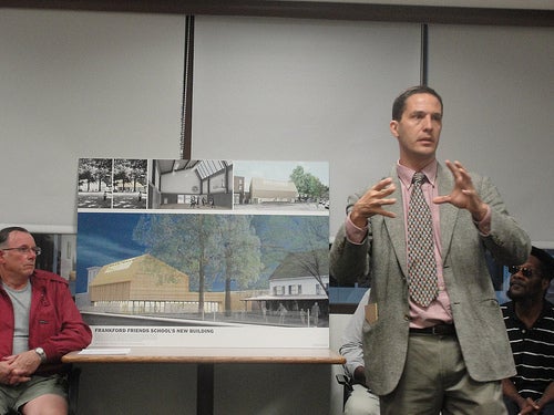 Joe Hohenstein, the clerk of the Frankford Friends School board committee and a 1979 graduate, discussing expansion plans at the Sept. 9, 2010 Frankford Civic Association meeting.