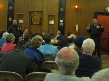 (L to R) 7th District Community Relations Officer Rich Simon and 2nd District Community Relations Officer Mark Mroz talk about Block Watch with Fox Chase residents. (L to R) 7th District Community Relations Officer Rich Simon and 2nd District Community Relations Officer Mark Mroz talk about Block Watch with Fox Chase residents.