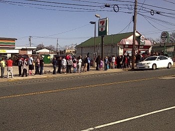 The line for free water ice at the Rita's on Welsh Road in Holme Circle stretched down the block on the first day of Spring.