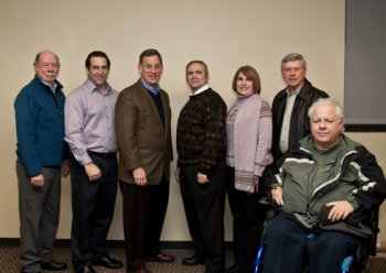 Bruce Conner, front, with (L to R) Frank Hollingsworth, Lou Iatarola, Sam Katz, Jack McCarthy, Nancy Morozin and Rev. Paul Andel at the screening of Katz's documentary on Jan. 18. Photo by Hillary