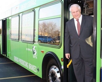 Greater Philadelphia Northeast Chamber of Commerce President Al Taubenberger tours a SEPTA hybrid bus. Photo courtesy of GNPCC.