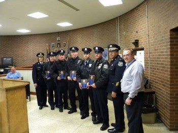 Officers James Boccalupo, James Snyder, Dimitrios Loizos, John Schmidt and John Seymour were honored at 8th District Officers of the Month for April. Photo courtesy of the 8th PDAC.