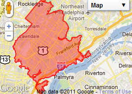 Flood plain of 4905 Rhawn Street, as shown by DisasterMapper.com