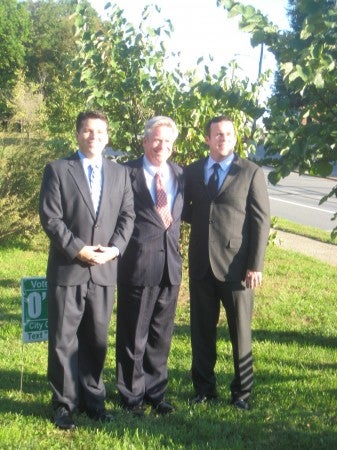 State Rep. Denny O'Brien (center) announced bipartisan endorsements for his city council campaign from Democratic Reps. Brendan (left) and Kevin (right) Boyle.